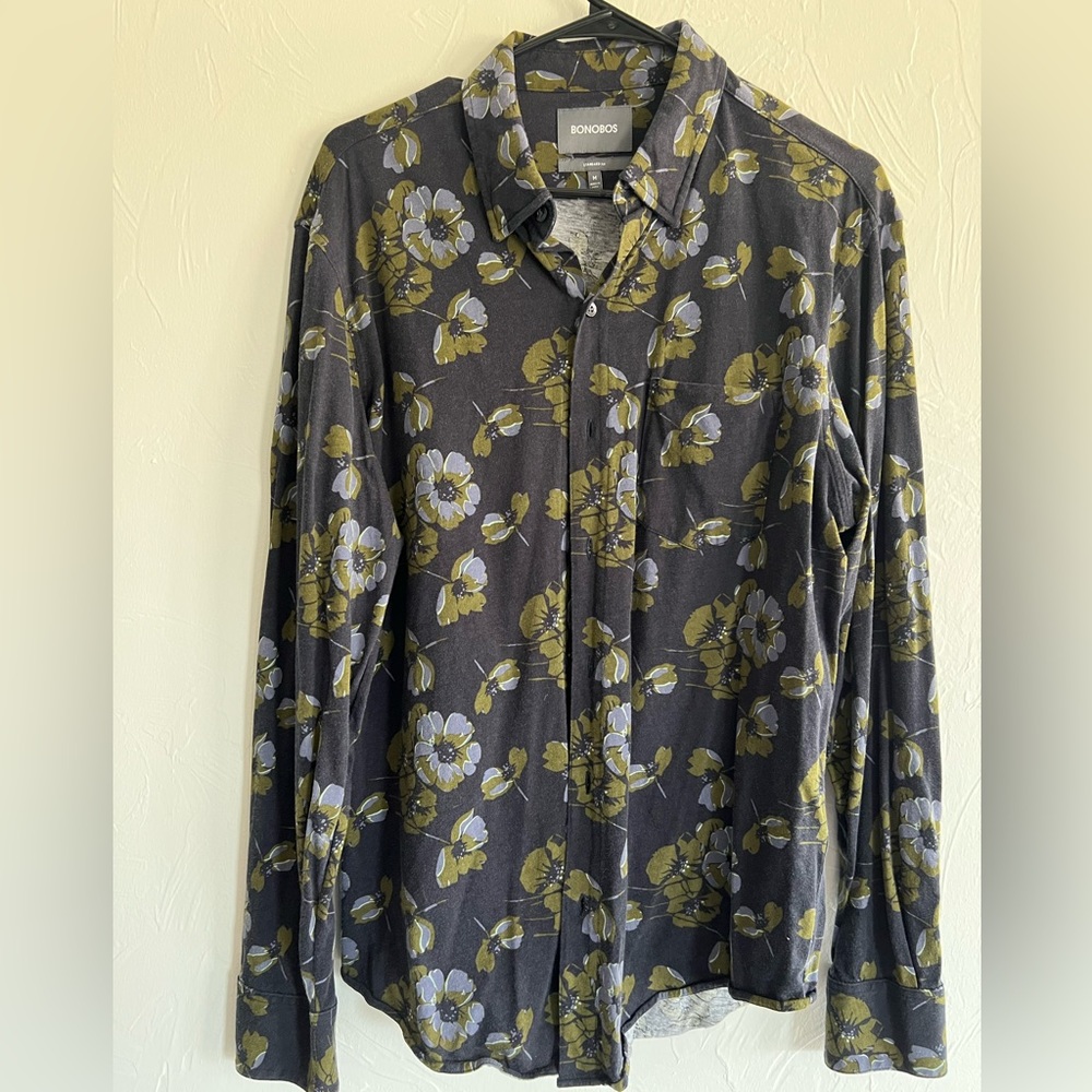 Men’s Bonobos Navy and Olive Floral Shirt- Medium Standard